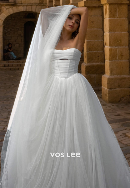 A-Line Graceful Tulle Sweetheart Wedding Dress Sleeveless Floor Length Formal Bride Dresses