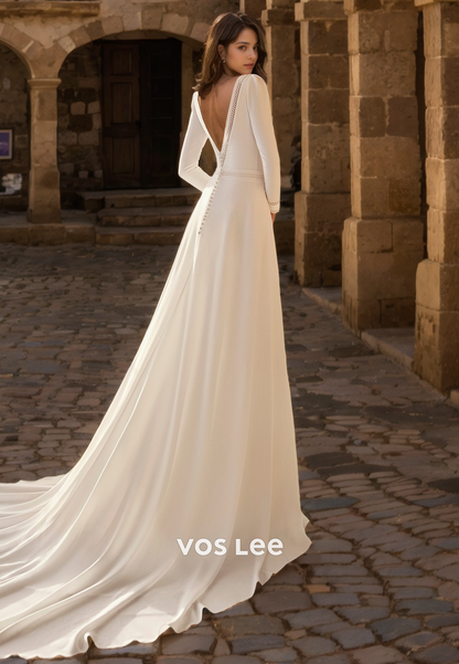 Simple Scoop Full Sleeves Wedding Dress with Long Train Backless Floor Length Bride Gown