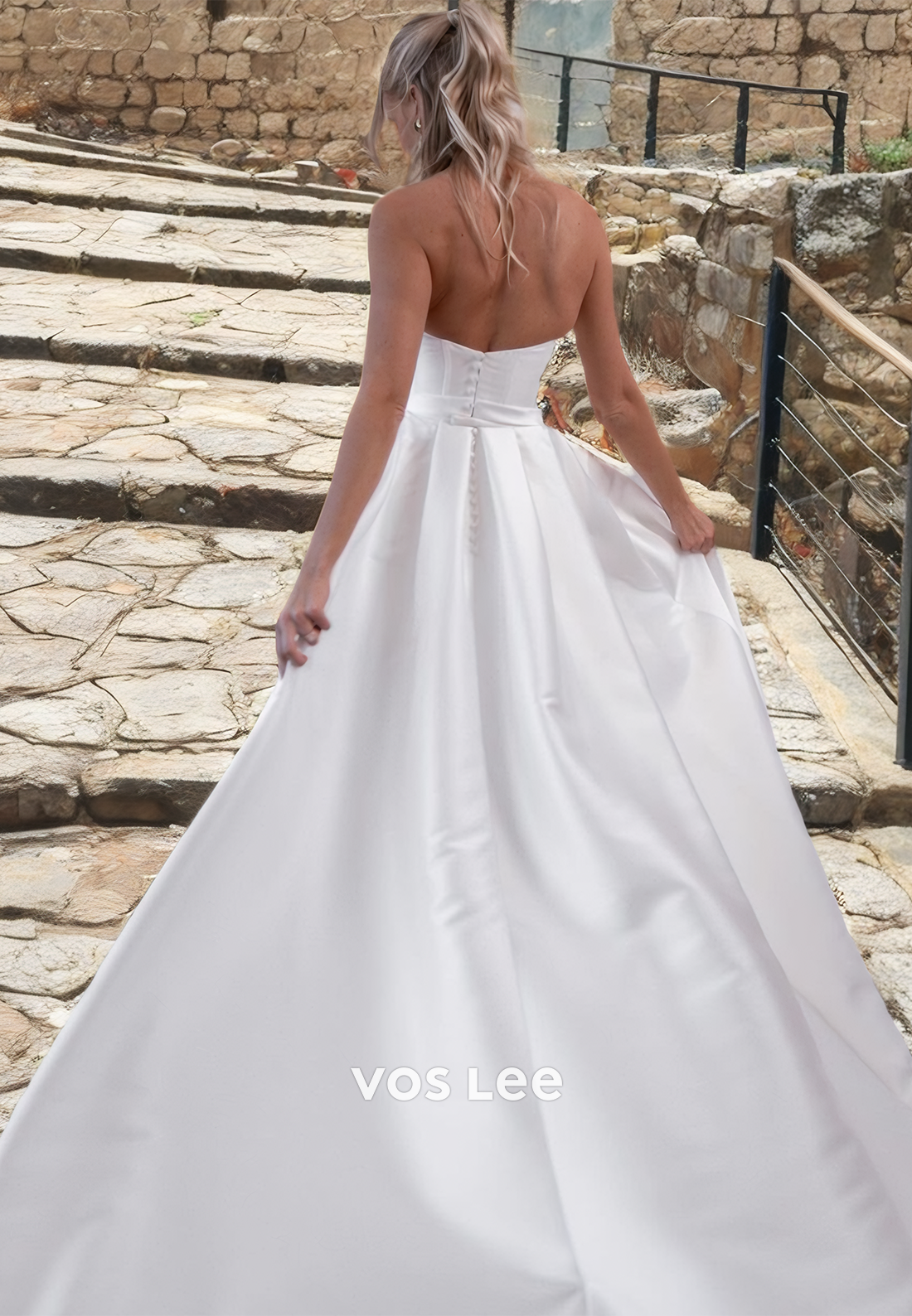 Royal Strapless Satin Mini Wedding Dress Button Back Formal Bride Dresses with Detached Train