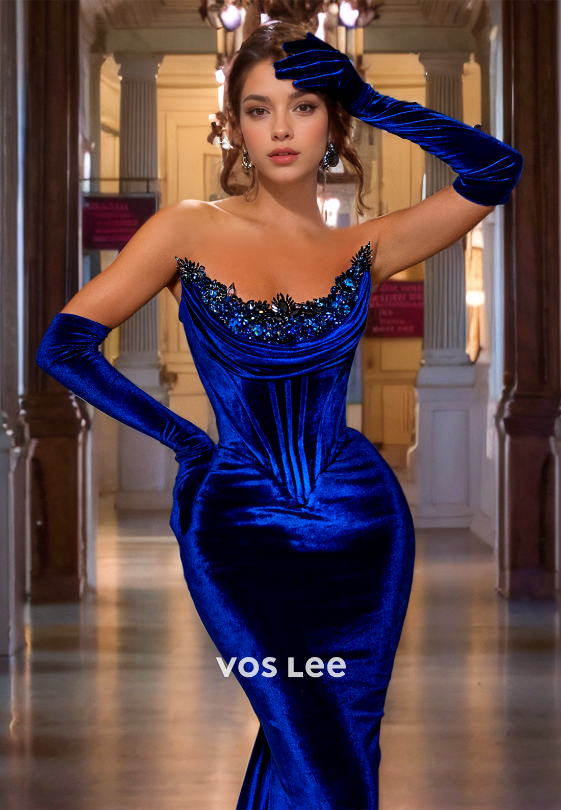 Royal Blue Velour Mermaid Scoop Formal Prom Dress Bodice Floor Length Sequined Cocktail Gown