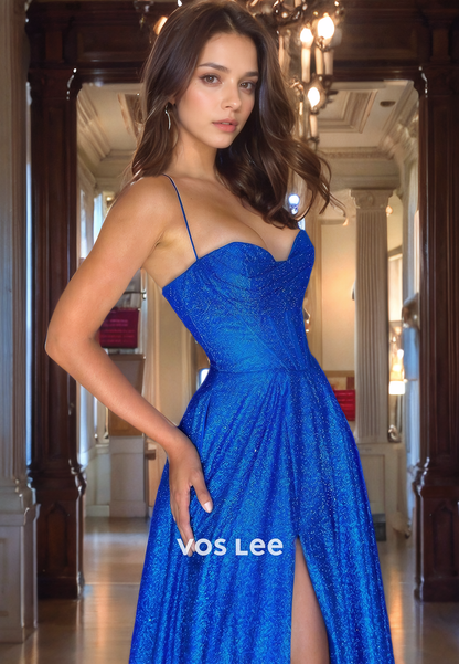 Sparkly Glitter A-Line Royal Blue Prom Dress Spaghetti Straps club Night Party Gown