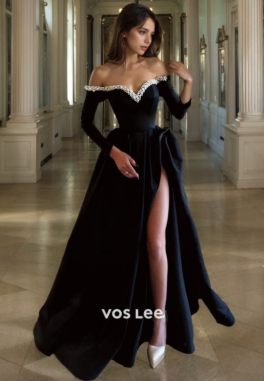 Black Prom Dress with Slit A-Line Off Shoulder Long Sleeves Long Formal Evening Dress