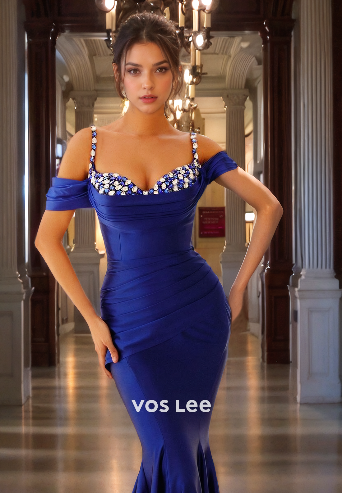 Gorgeous Off-Shoulder Mermaid Formal Evening Prom Gown Royal Blue Satin Beads Satin Quinceanera Dress