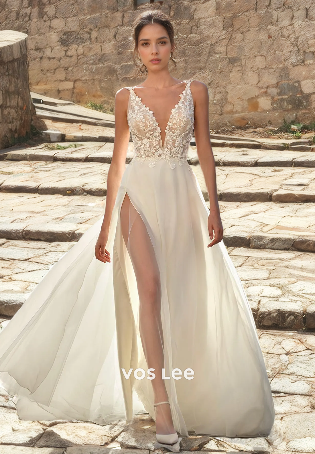 A-Line Fancy V Neck Tulle Side Slit Wedding Dress Lace Backless Floor Length Wedding Dress