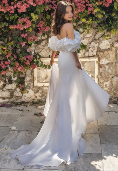 Romantic Off Shoulder Trumpet/Mermaid High Slit Organza Court Train Wedding Dress