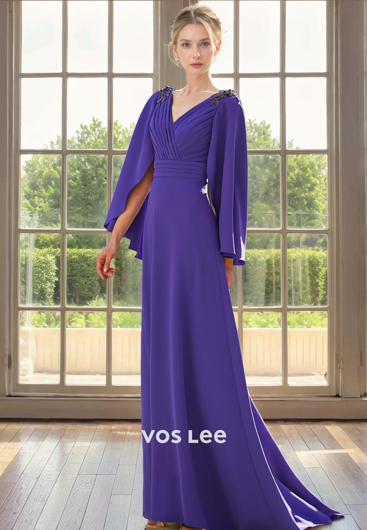 Classy Purple V Neck Long Sleeves Floor Length Pleated Mother of the Bride Dress