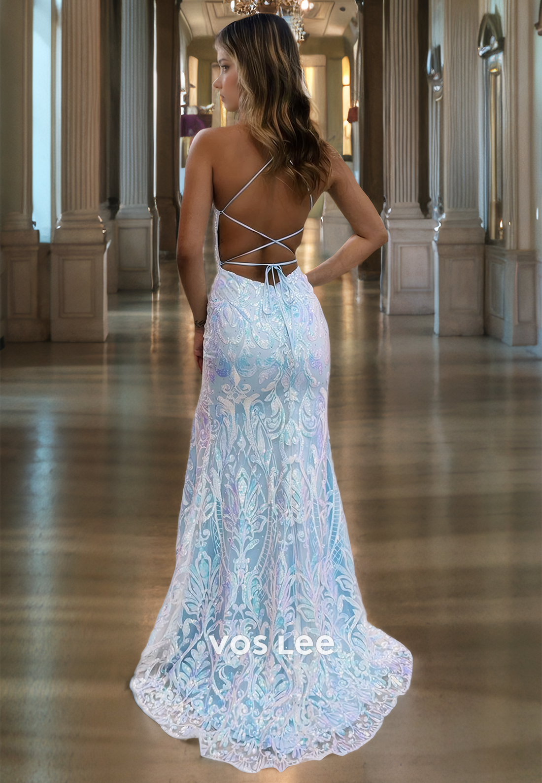 Sky Blue V-neck Backless Evening Prom Dress with Slit Elegant Sweep Train Appliqued Cocktail Party Dresses