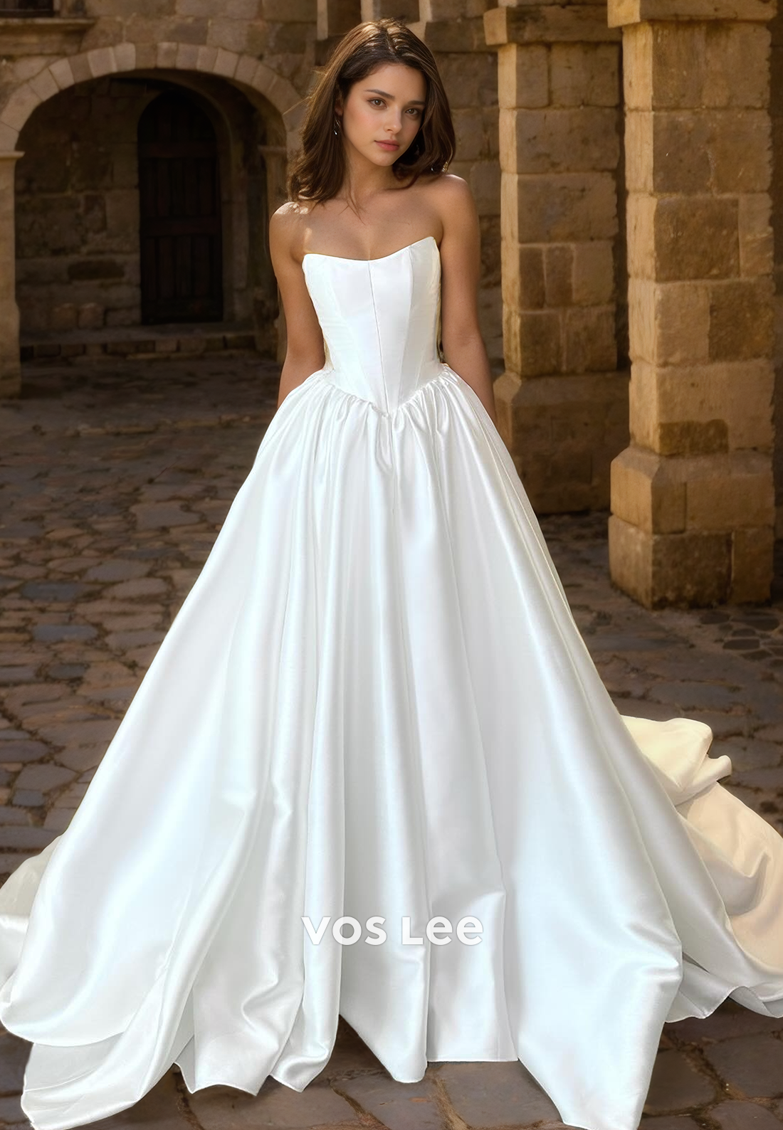 Elegant A-Line Satin Strapless Bride Dress Floor Length Button Back Sweep Train Wedding Dresses