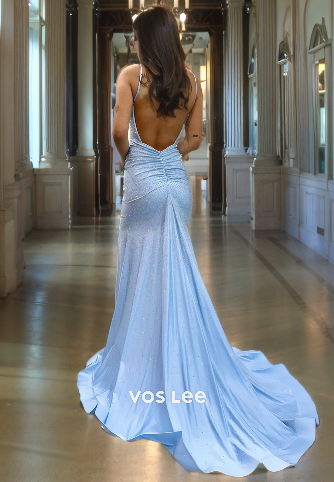 Stunning  Open Back Blue Evening Dress Trumpet/Mermaid V-Neck Shinny Sequin Long Formal Prom Dress