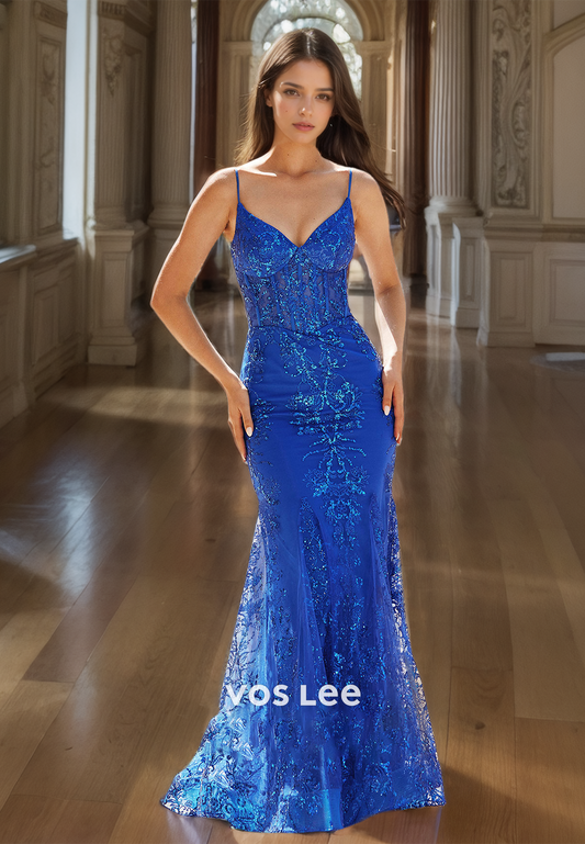 Gorgeous V Neck Royal Blue Spaghetti Straps Prom Dress Mermaid Lace Formal Cocktail Dresses