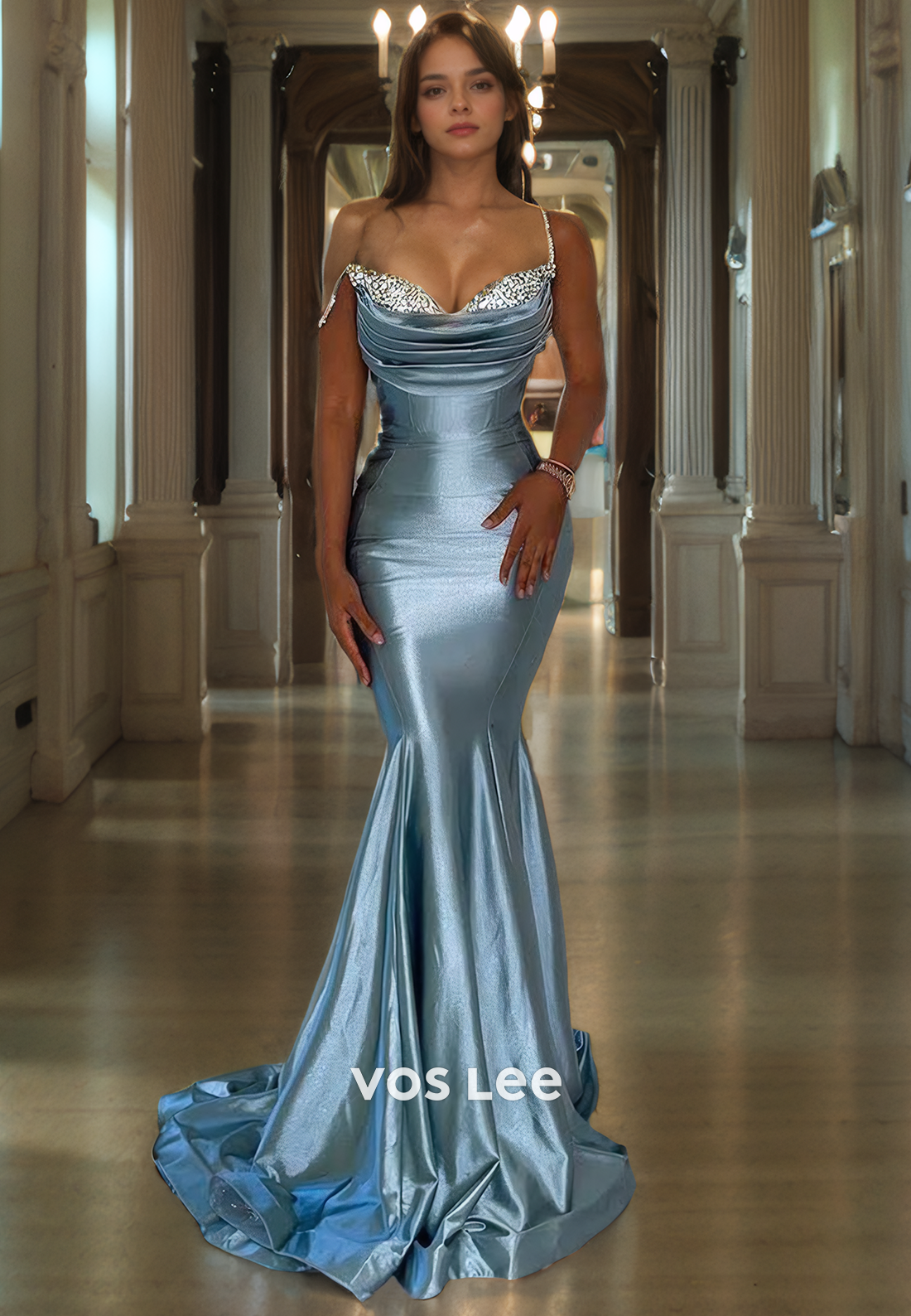 Luxury Ice Blue Sweetheart Formal Party Dress Spaghetti Straps Mermaid Satin Prom Dresses