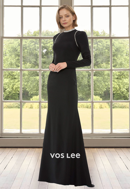 Elegant Sheath High Neck Long Sleeves Sequins Ruched Mother of the Formal Dress