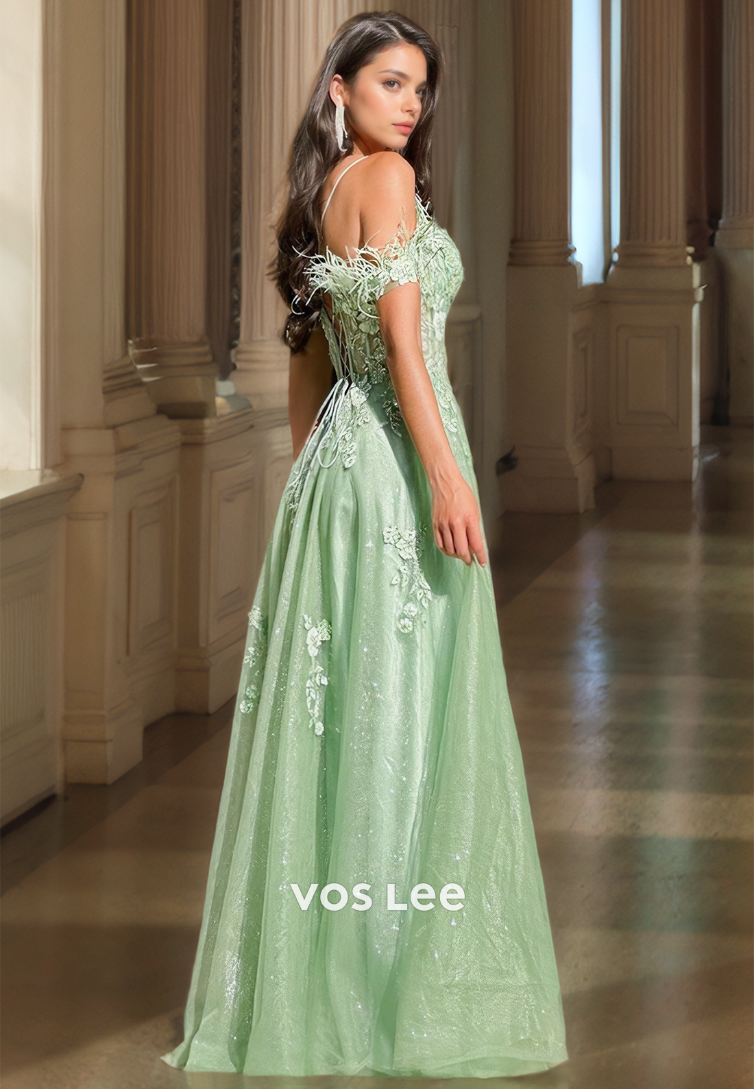 Mint Green Off Shoulder Lace Up Appliques Sequins High Split Floor Length Tulle Prom Formal Dress