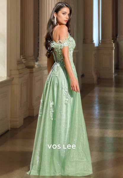 Mint Green Off Shoulder Lace Up Appliques Sequins High Split Floor Length Tulle Prom Formal Dress