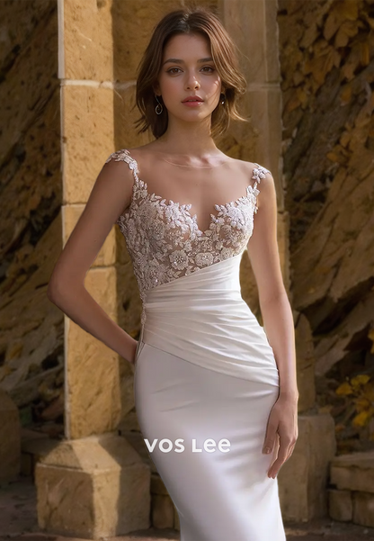 Sheath Plunging Illusion V-Neck Elegant Draped Satin Wedding Dress