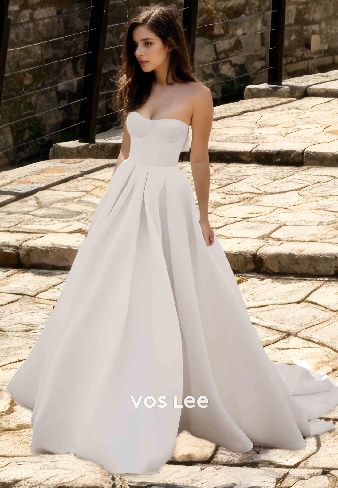 Charming Strapless Backless A-Line Sweep Train Ruched Satin Wedding Bride Dress