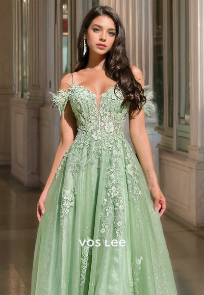 Mint Green Off Shoulder Lace Up Appliques Sequins High Split Floor Length Tulle Prom Formal Dress