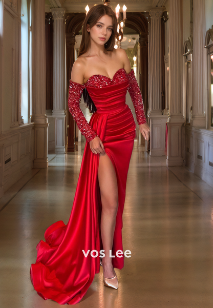 Red Sweetheart Sequined Long Sleeves Prom Dress Satin Floor Length Cocktail Dress