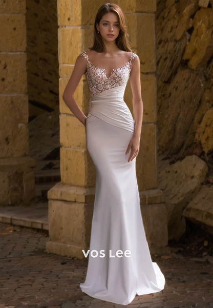 Sheath Plunging Illusion V-Neck Elegant Draped Satin Wedding Dress