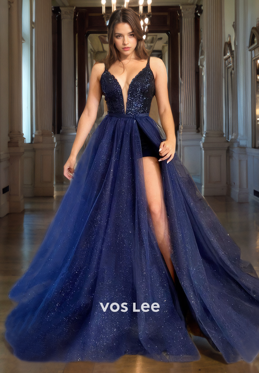 Sparkly A-Line Royal Blue Night Party Gown Glitter V Neck Straps Formal Prom Dresses