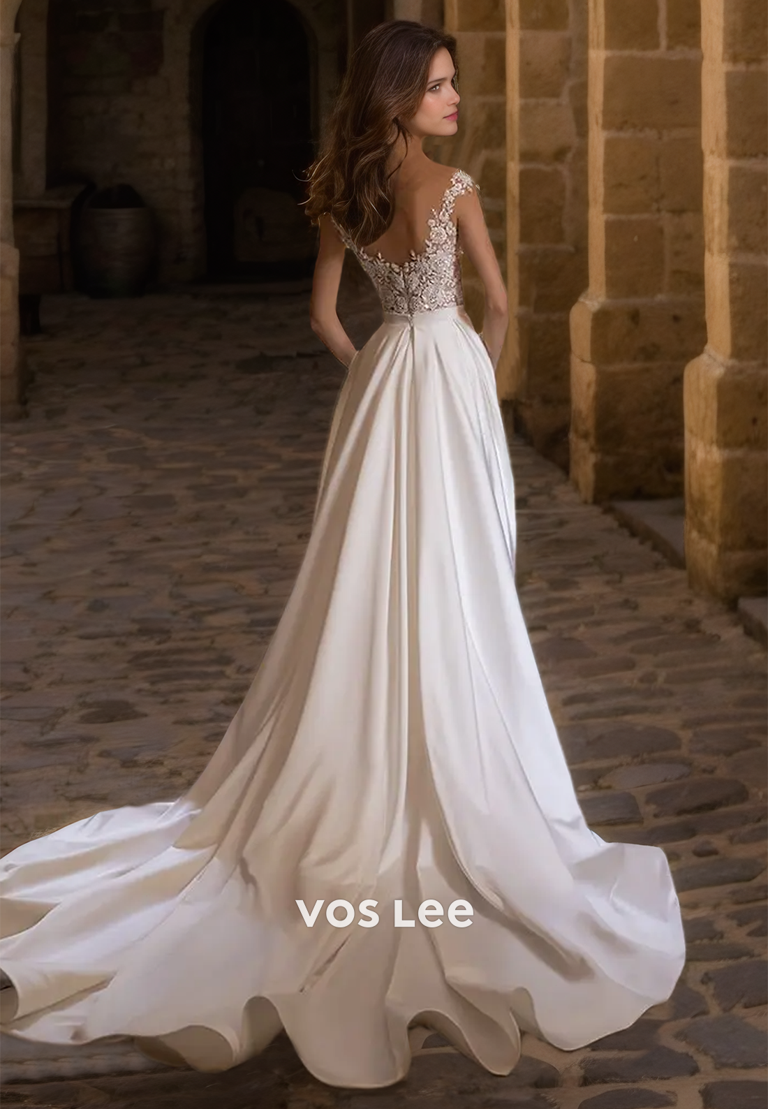 Sheath Plunging Illusion V-Neck Elegant Draped Satin Wedding Dress