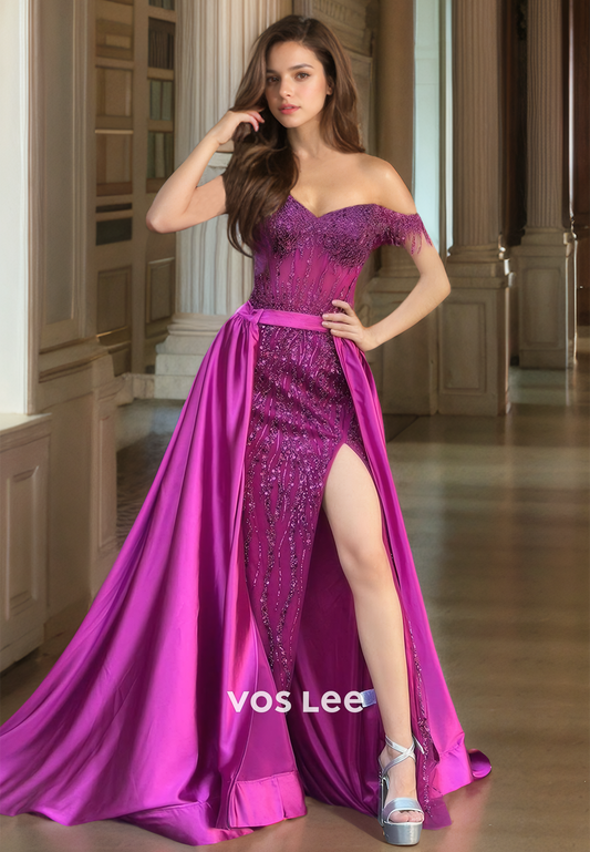 Sexy Lace Appliques Off-Shoulder High Split Prom Formal Dress Glitter