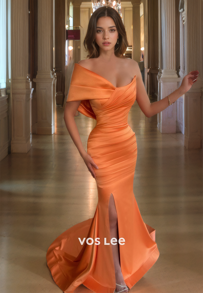 Orange One Shoulder Satin Party Dress Mermaid Pleated Floor Length Prom Dress