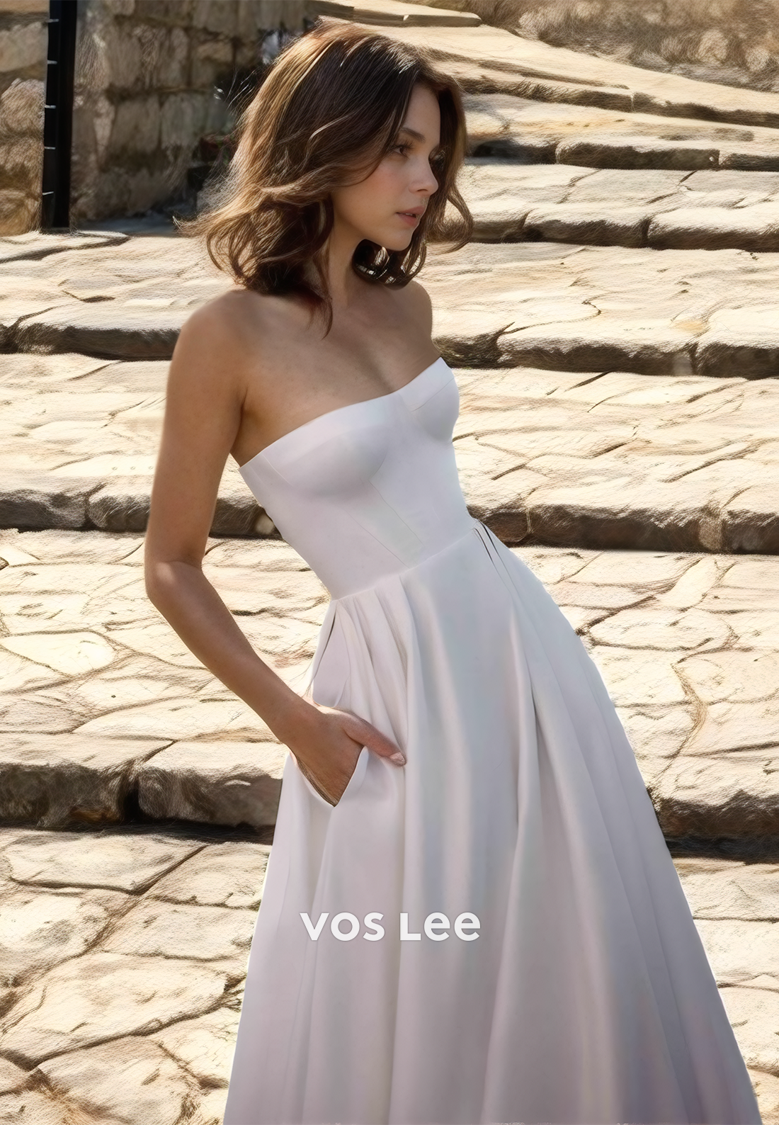 Elegant Sleeveless A-Line Strapless Draped Sweep Train Lace Up Stain Wedding Dress