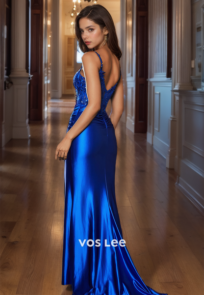 Classy New Arrival Scoop Evening Party Dress Straps Royal Blue Appliqued Zipper Back Prom Gown