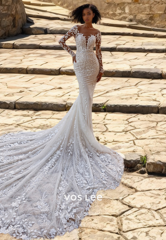 Luxury Column Long Sleeves Backless Plunging Deep V Neck Illusion Beaded Sparkly Wedding Dress