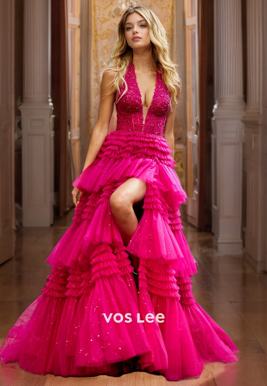 A-Line Fuchsia Tulle Prom Gown Halter Deep V Neck Tiered Sparkly Glitter Evening Party Dresses