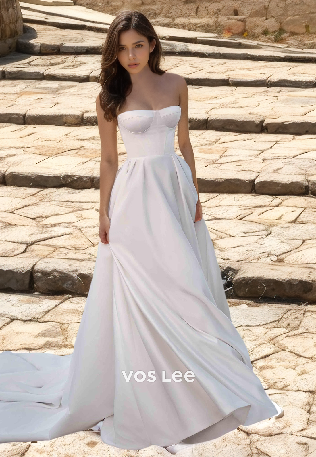 Elegant Sleeveless A-Line Strapless Draped Sweep Train Lace Up Stain Wedding Dress