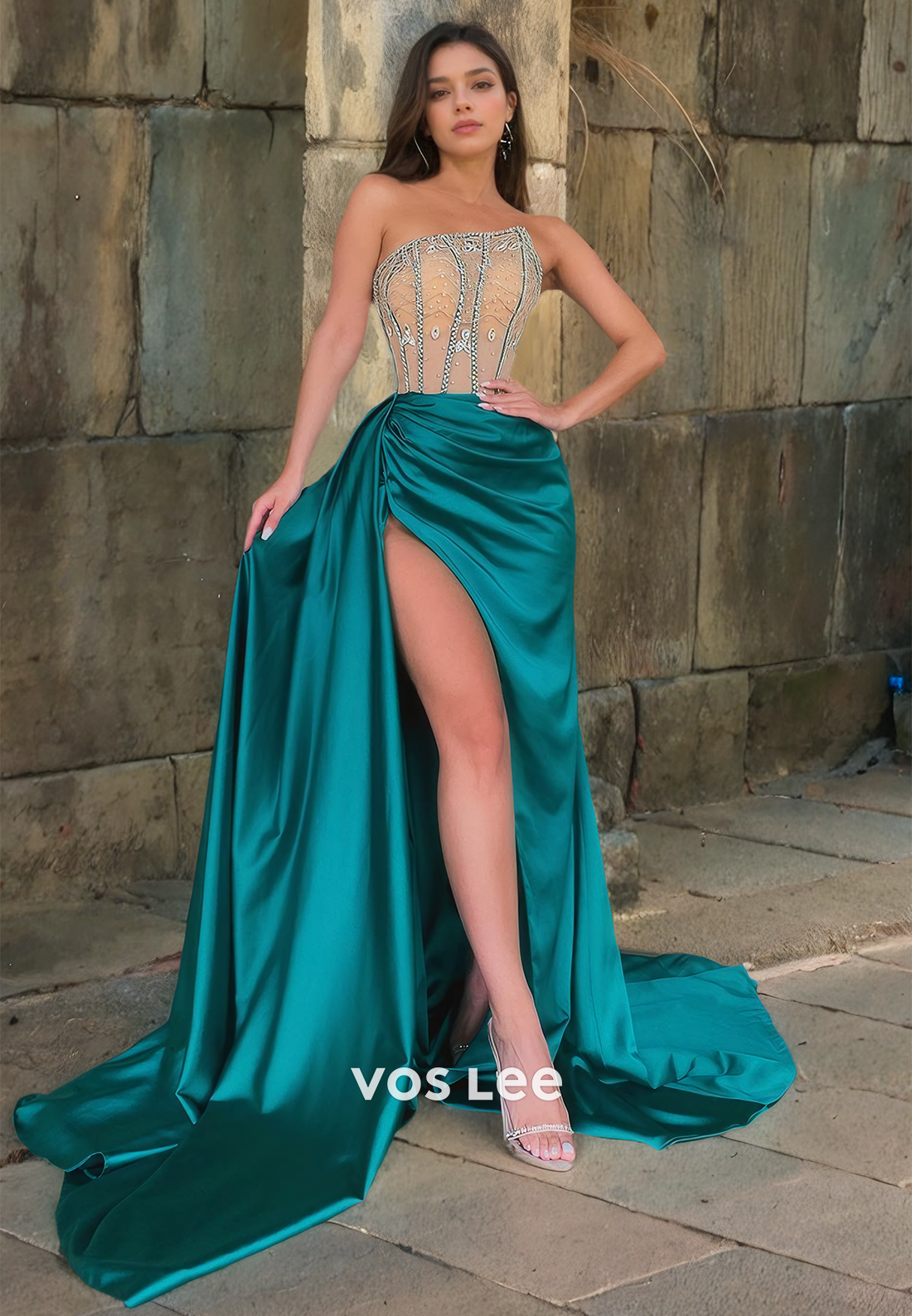 Elegant A-Line Satin Peacock Prom Dresses Beads Strapless Floor Length Formal Party Gown