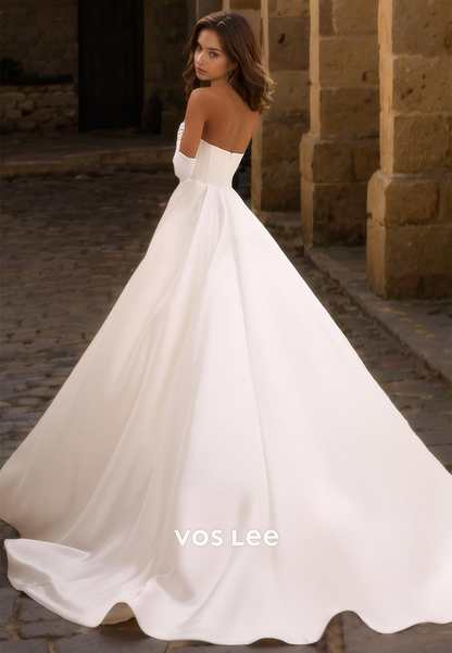 Simple A-Line Strapless Half Sleeves Sweep Train Wedding Gown