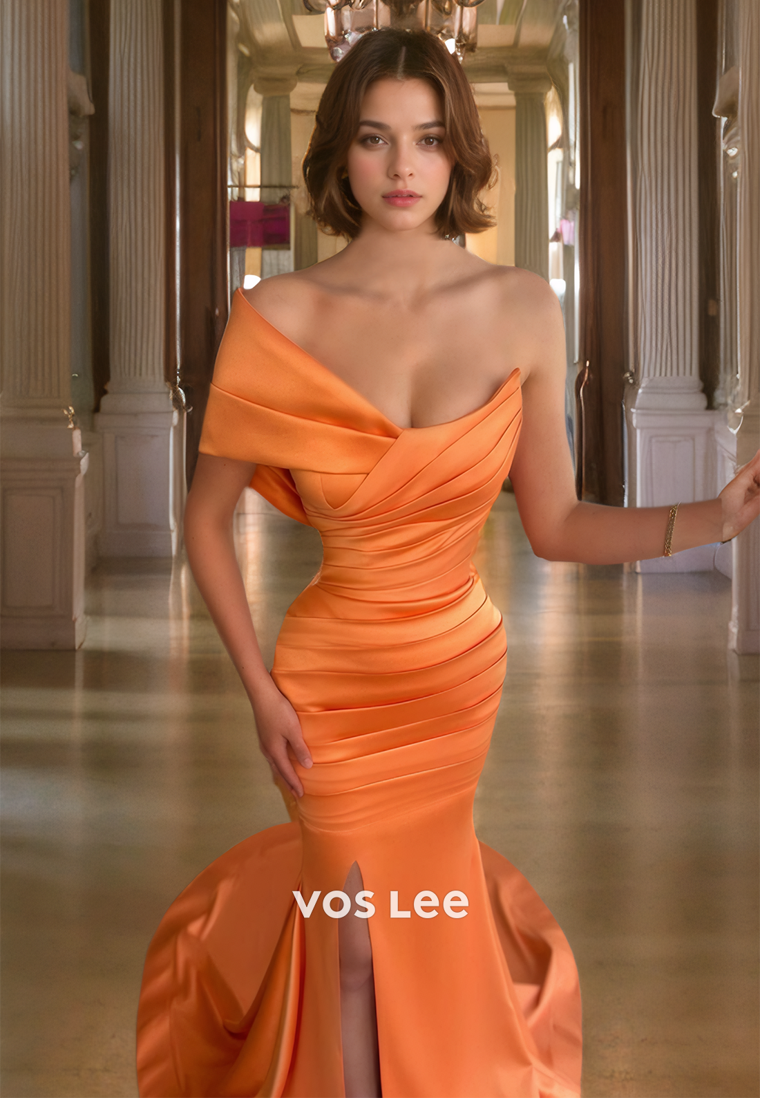 Orange One Shoulder Satin Party Dress Mermaid Pleated Floor Length Prom Dress