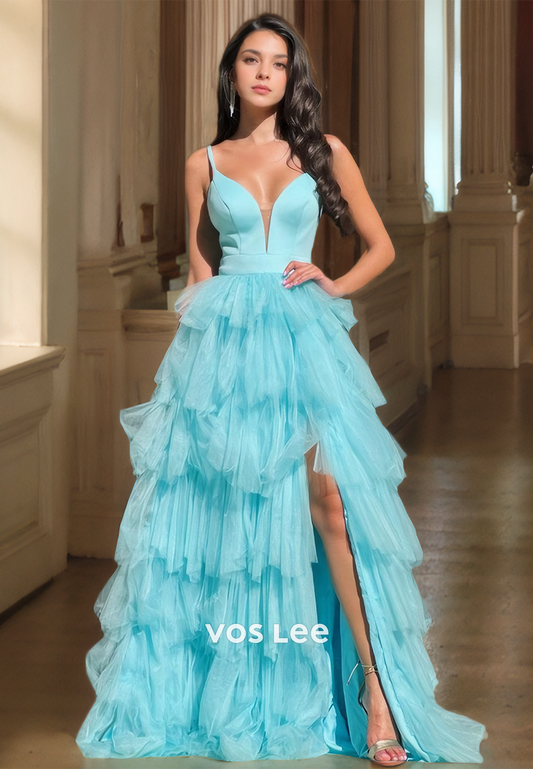 A-Line Deep V Neck Spaghetti Straps Backless Sweep Train Side Split Tulle Prom Party Dress