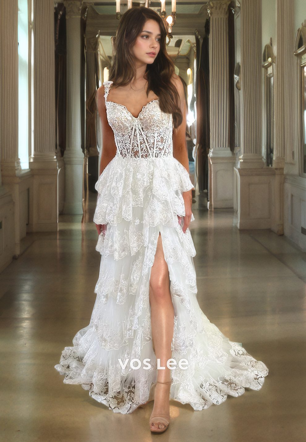 Sweetheart White Tiered Lace Prom Gown Zipper Back A-Line Quinceanera ...