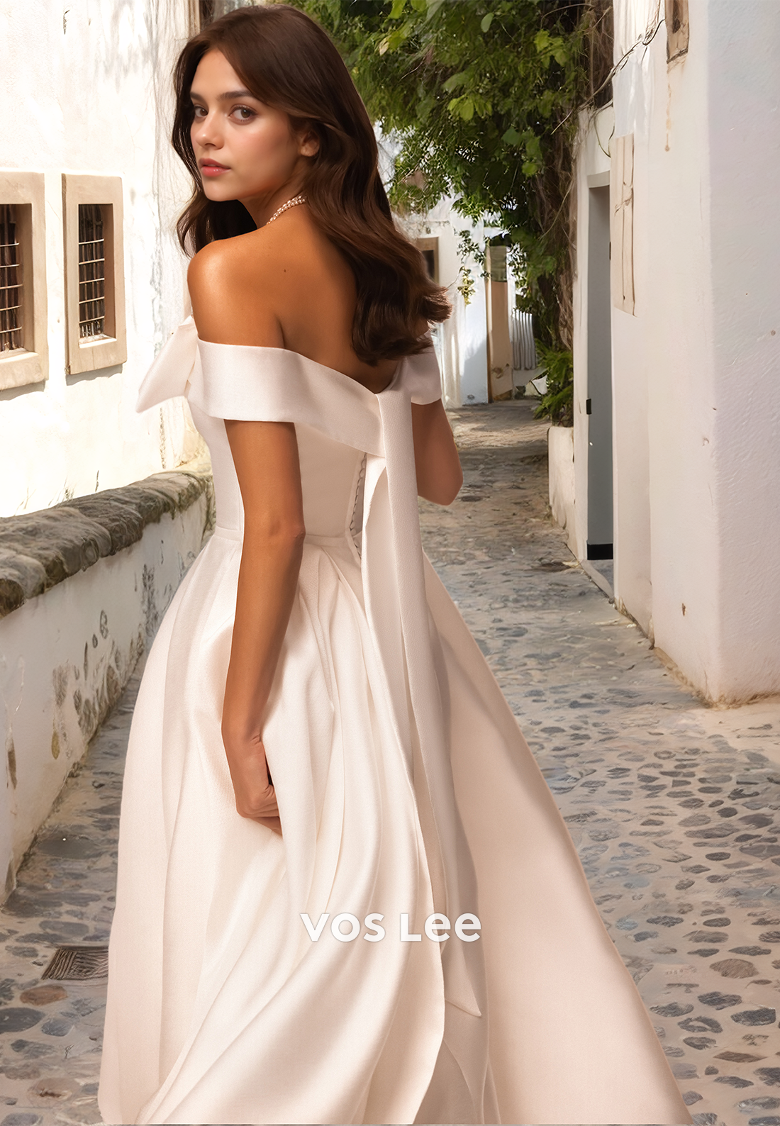 A-Line Bow Elegant Satin Wedding Dress Off-Shoulder Long Train Bridesmaid Gown