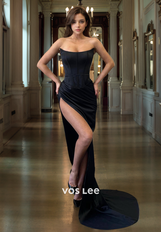 Black Prom Dress with Slit Sheath/Column Strapless Sleeveless Long Formal Evening Dress