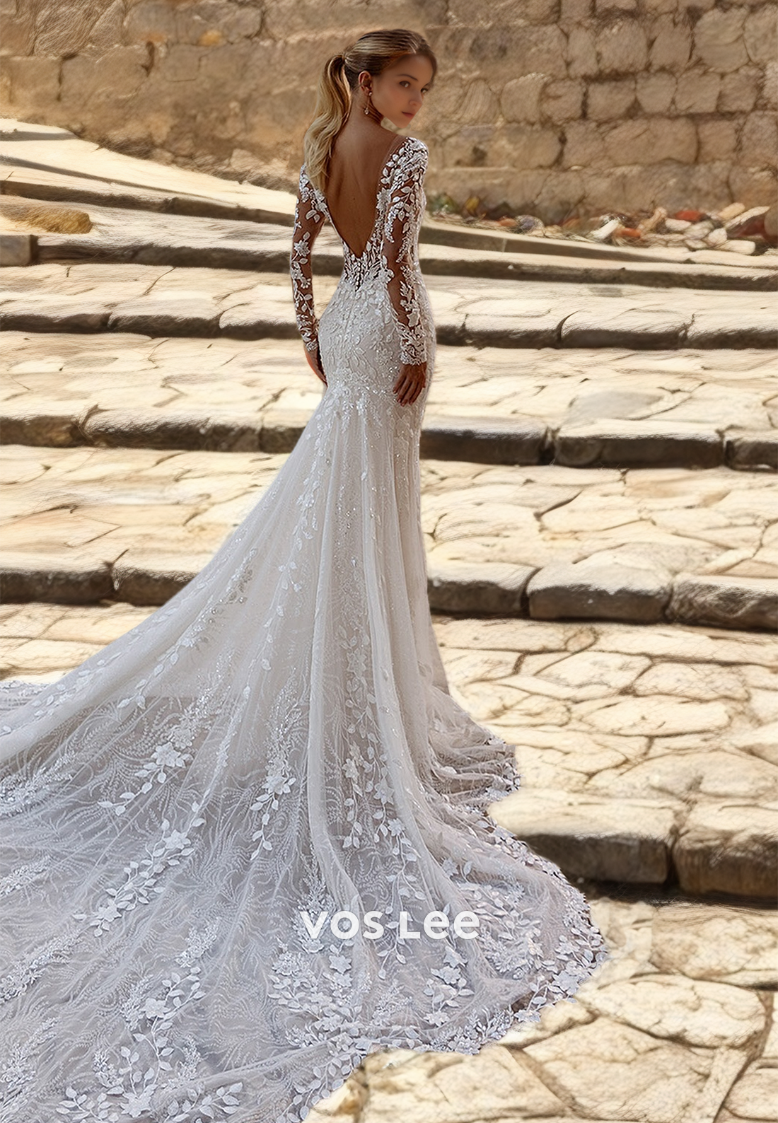 Luxury Column Long Sleeves Backless Plunging Deep V Neck Illusion Beaded Sparkly Wedding Dress