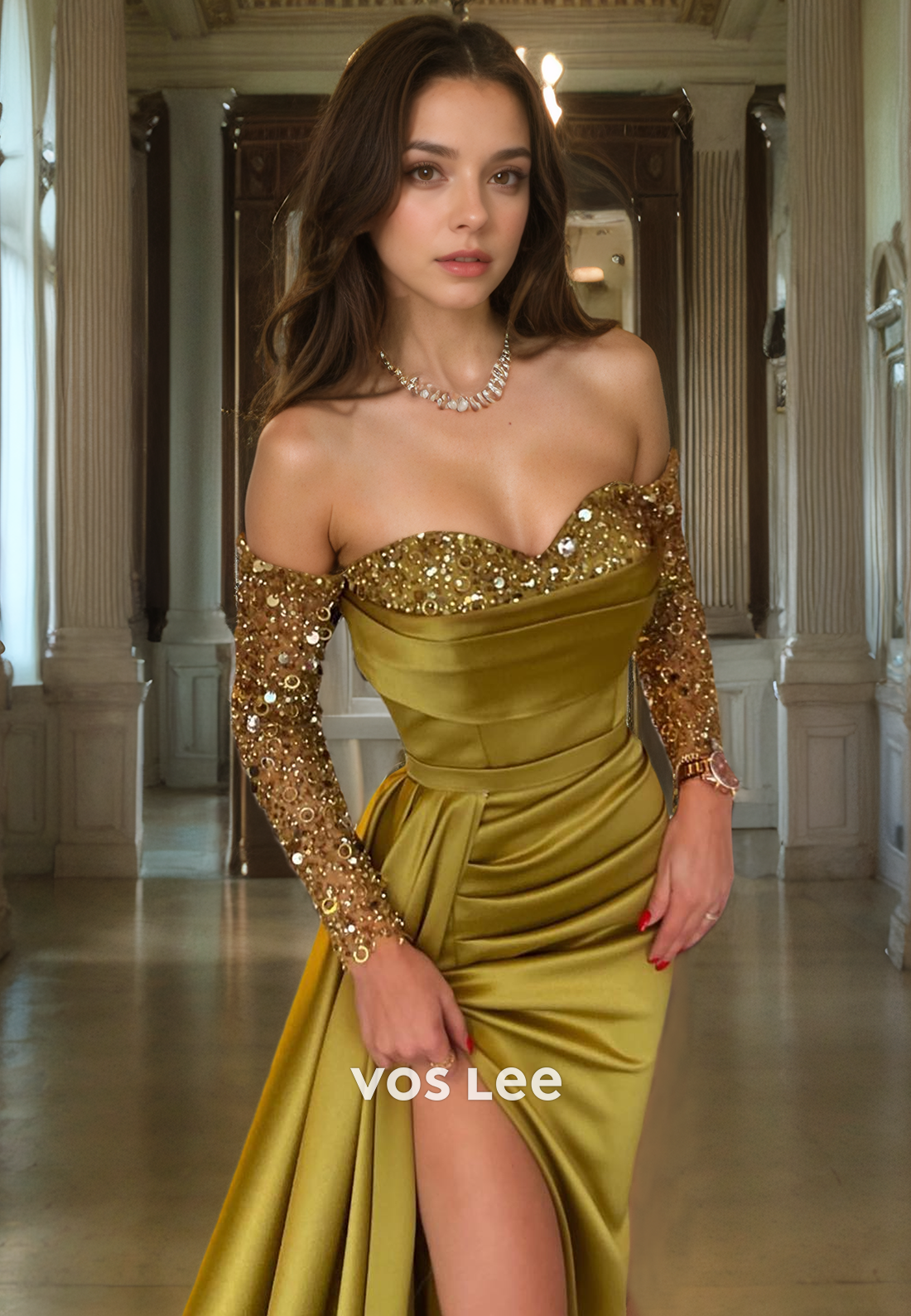 Sweetheart Gold Satin Luxurious Prom Gown Sparkly Sequins Long Sleeves Pageant Dress with Slit