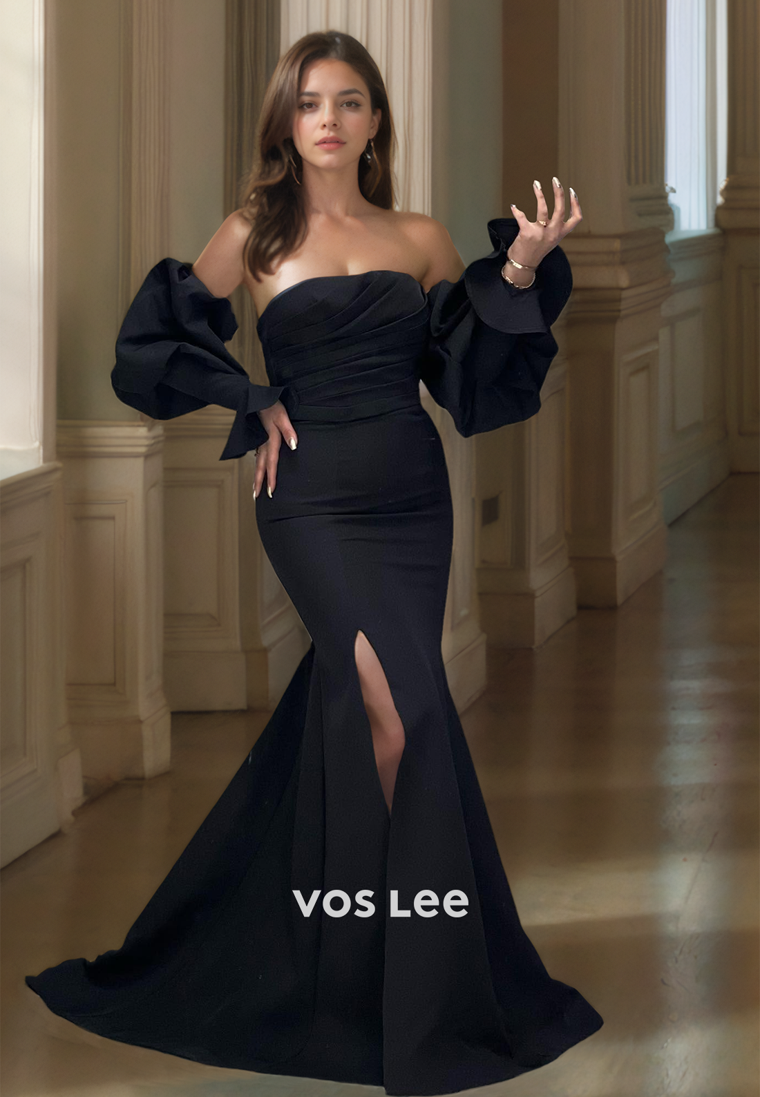 Unique Column Long Sleeves Off Shoulder Pleated Sweep Train Satin Prom Evening Dress with Split