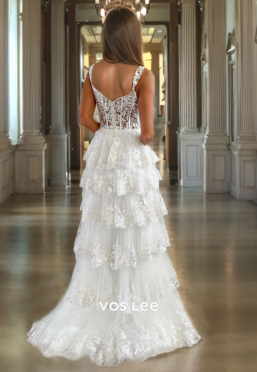 Sweetheart White Tiered Lace Prom Gown Zipper Back A-Line Quinceanera ...