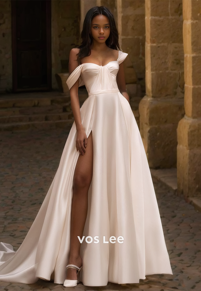 Elegant A-Line Off-Shoulder Draped Satin Wedding Dress with Split