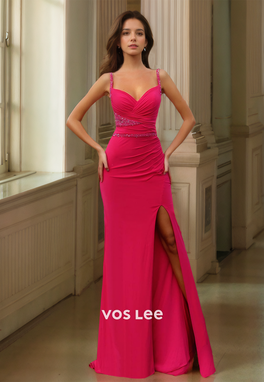 Fuchsia Sheath V Neck Spagheti Straps Back Zipper Draped Side Split Satin Prom Formal Dress