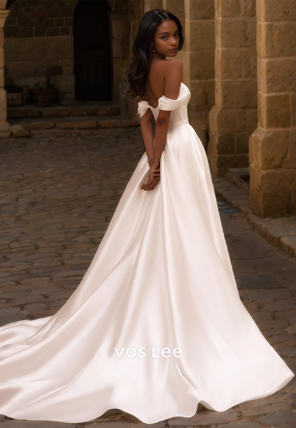 Elegant A-Line Off-Shoulder Draped Satin Wedding Dress with Split