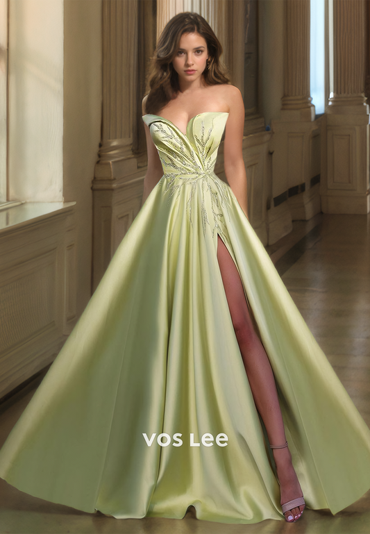 Elegant Sweetheart A-Line Sleeveless High Split Pleated Sequins Sweep Train Satin Prom Formal Dress