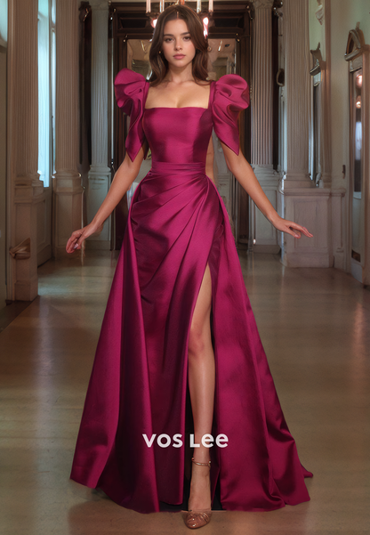 A-Line Satin Orchid Formal Prom Gown with Puffy Short Sleeves High Slit Luxury Pageant Dress