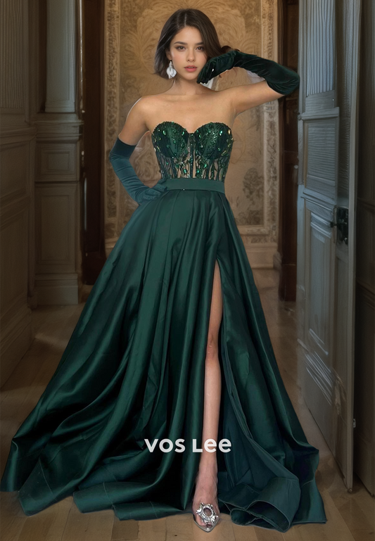 Graceful A-Line Sweetheart Satin Prom Gown Dark Green Side Slit Beads Pageant Dress