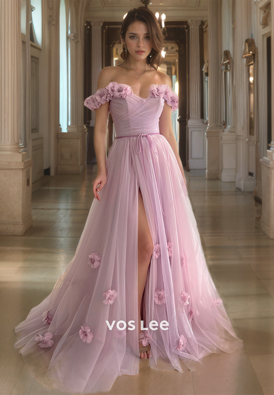 A-Line Off Shoulder Sweep Train Pink Tulle Prom Dress with Appliques